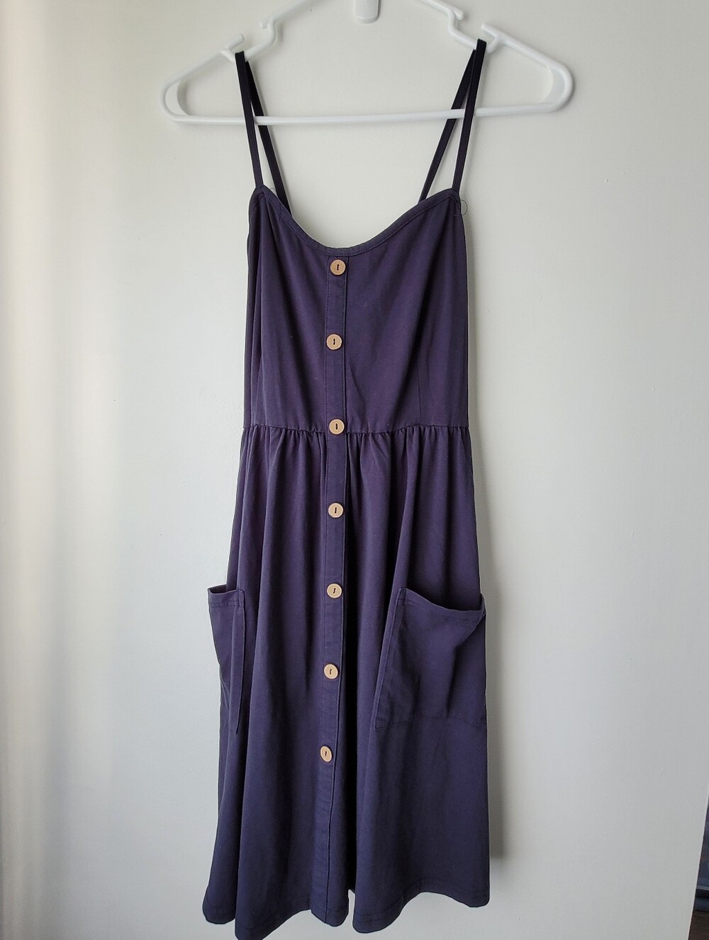 Spaghetti Straps Button-Front Navy Midi Sundress with Pockets Size M
